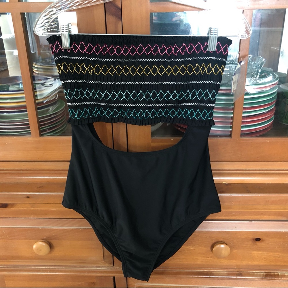 NWT Arizona Jean Company Black Strapless One-Piece with Multicolor Smocked Band